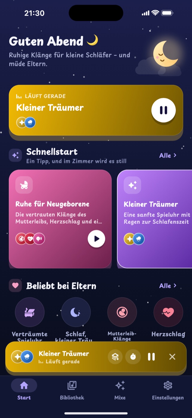 Startbildschirm von Lullaby mit Schnellstart-Mixen und bei Eltern beliebten Sounds