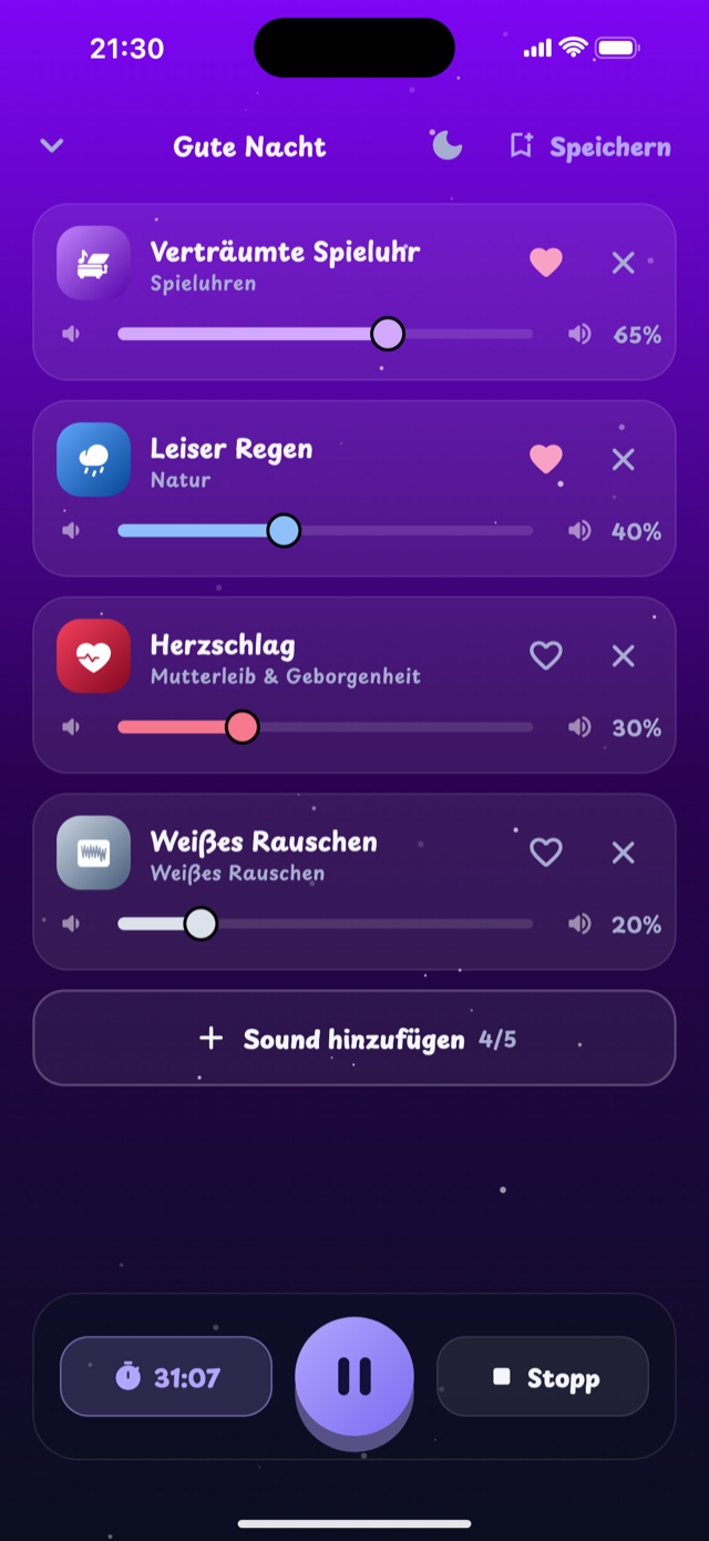 Player von Lullaby mit Spieluhr, leisem Regen, Herzschlag und weißem Rauschen, jeweils mit eigener Lautstärke