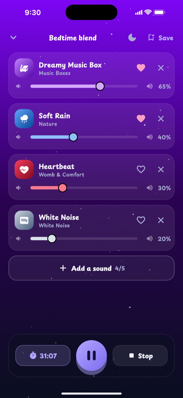 Lullaby player mixing a music box, soft rain, a heartbeat and white noise, each with its own volume