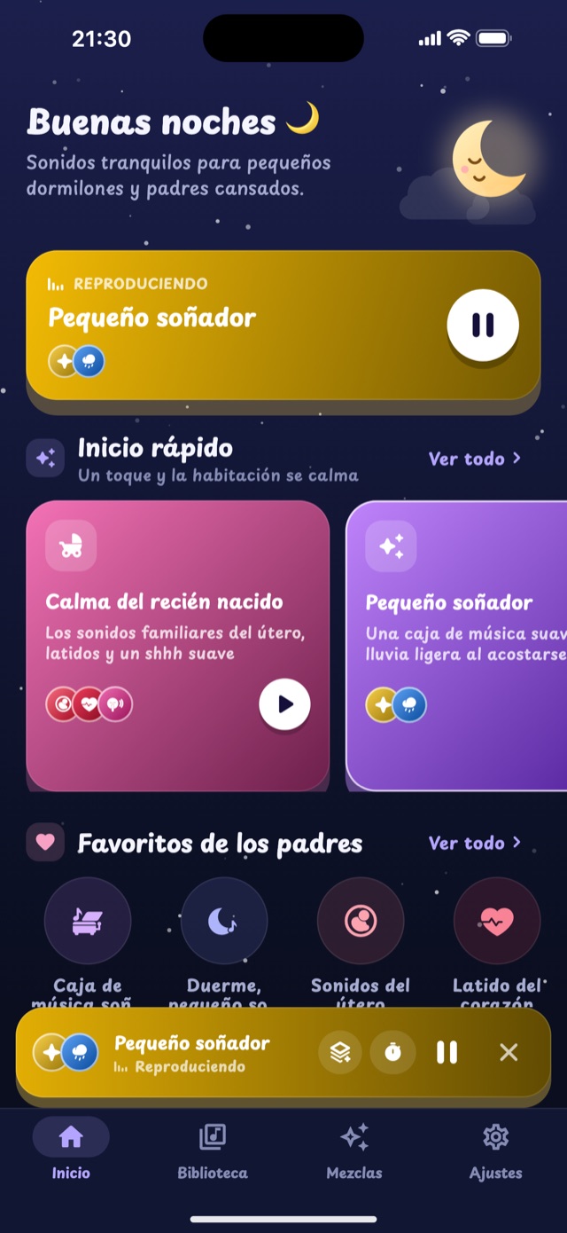 Pantalla de inicio de Lullaby con mezclas rápidas y los sonidos favoritos de los padres