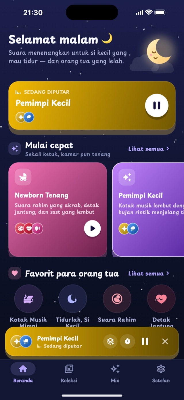Layar beranda Lullaby dengan mix mulai cepat dan suara favorit para orang tua