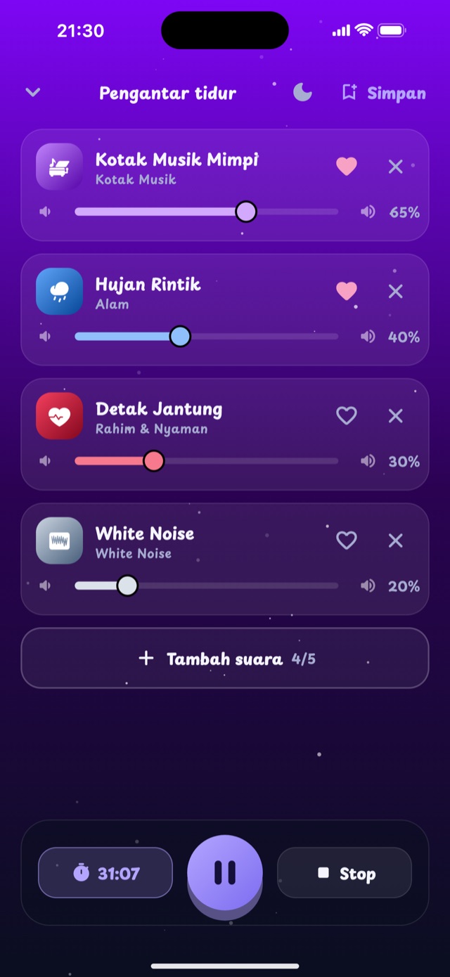 Pemutar Lullaby yang memadukan kotak musik, hujan rintik, detak jantung, dan white noise, masing-masing dengan volumenya sendiri