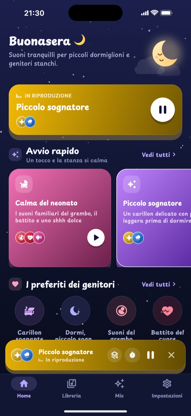 Schermata Home di Lullaby con i mix di avvio rapido e i suoni preferiti dai genitori