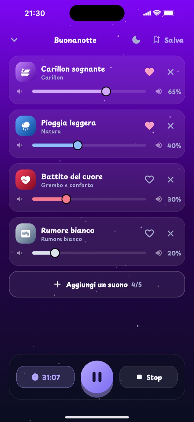 Il lettore di Lullaby che mescola un carillon, pioggia leggera, il battito del cuore e rumore bianco, ognuno con il proprio volume