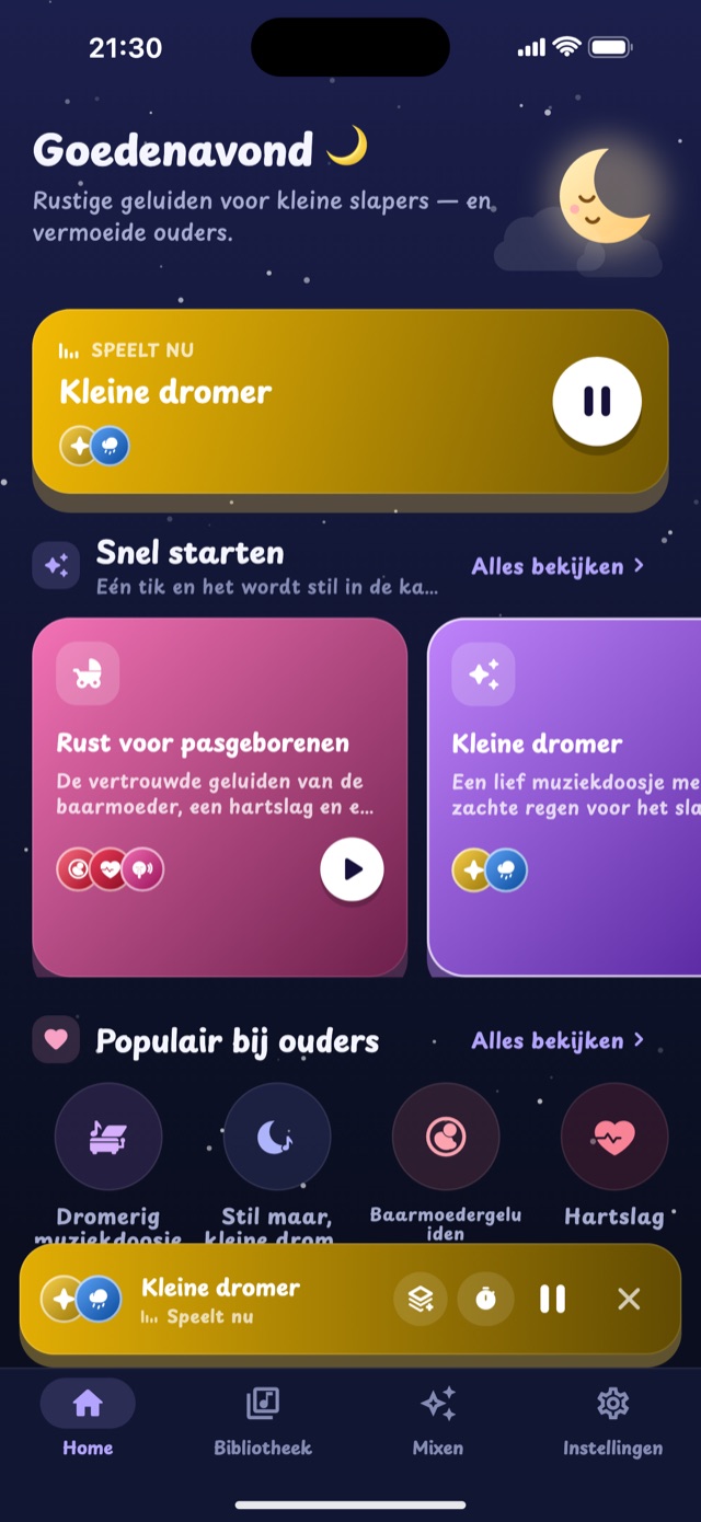Startscherm van Lullaby met snelstart-mixen en geluiden die populair zijn bij ouders