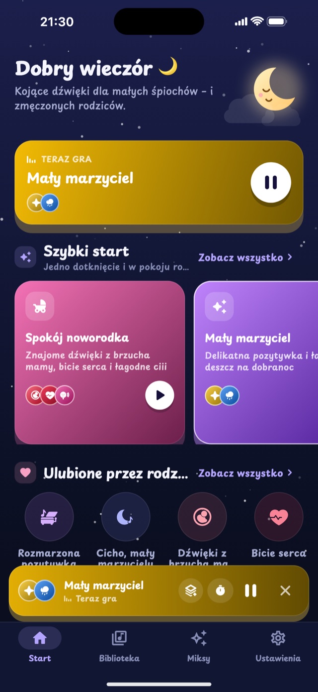 Ekran główny Lullaby z szybkim startem miksów i dźwiękami ulubionymi przez rodziców
