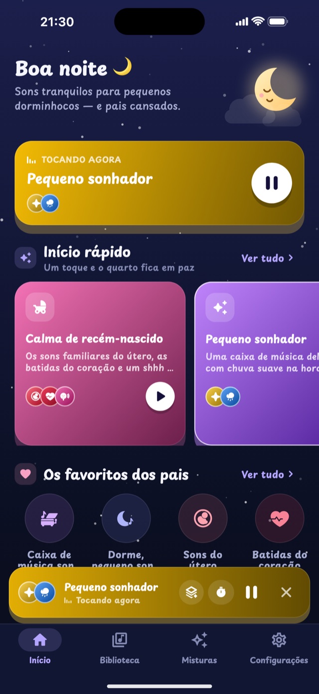 Tela inicial do Lullaby com misturas de início rápido e os sons favoritos dos pais