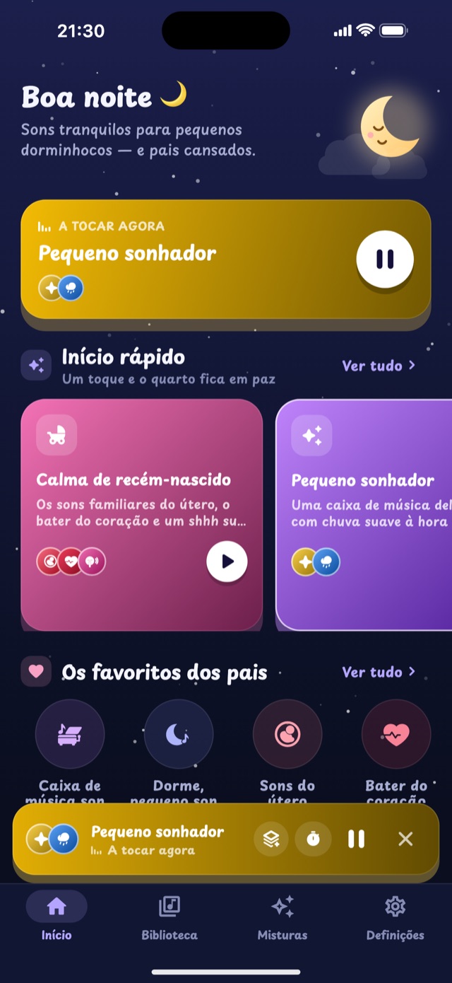 Ecrã inicial do Lullaby com misturas de início rápido e os sons favoritos dos pais