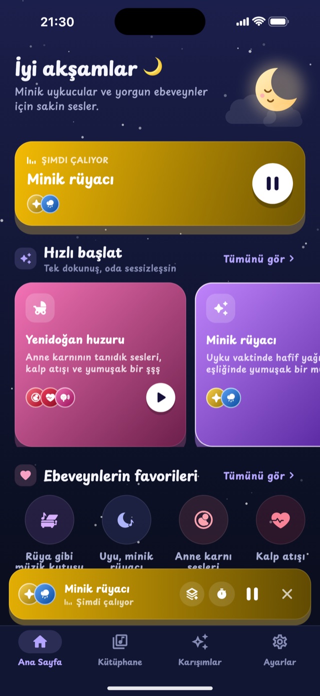 Lullaby ana ekranı: hızlı başlat karışımları ve ebeveynlerin en sevdiği sesler